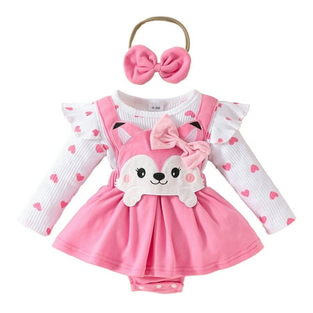 

Toddler Girls Long Sleeve Cartoon Print Suspenders Romper Bodysuits Bow Tie Headbands Outfits Dance Leotard Girls 18month Girl Shirts Kids Leotard Suit Baby Girl Easter Romper Girls 18 Month Clothes