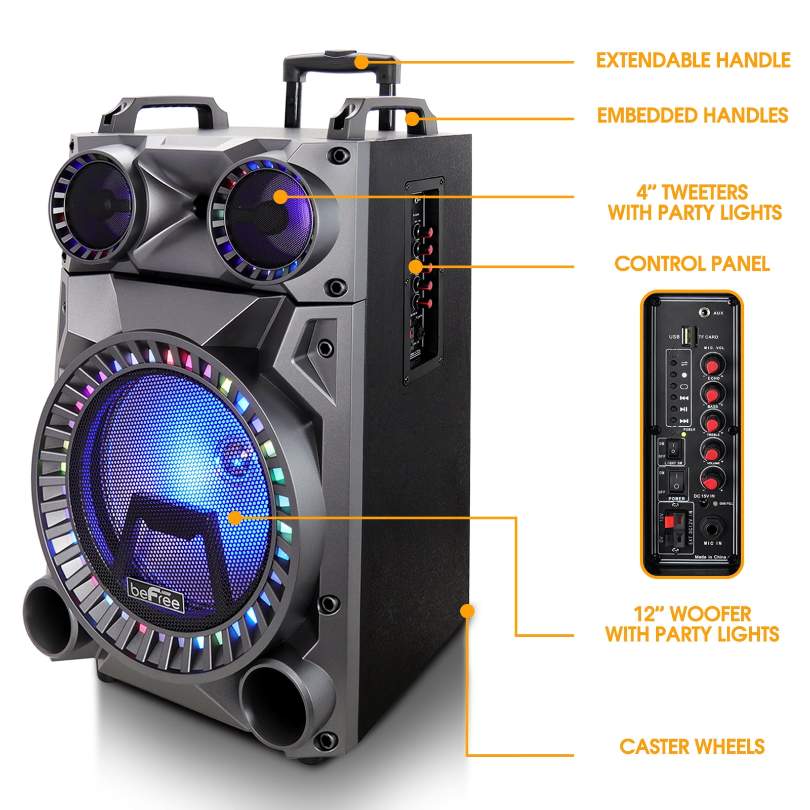 beFree Sound Rechargeable 12 Inch Bluetooth Portable Party Speaker with PA System, FM Radio and USB/TF Inputs