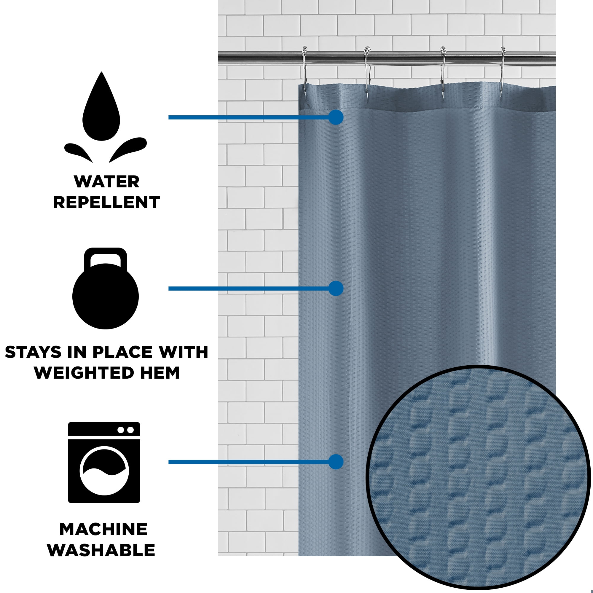 Mainstays Blue Linen Water-Repellent Embossed Microfiber Fabric Shower Liner, 70" x 72"