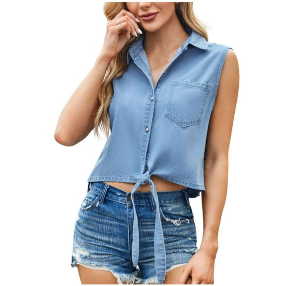 Dealovy Jeans Tank Tops for Women Sleeveless Button down Denim Crop T-Shirts Casual Loose Fitted Summer Top