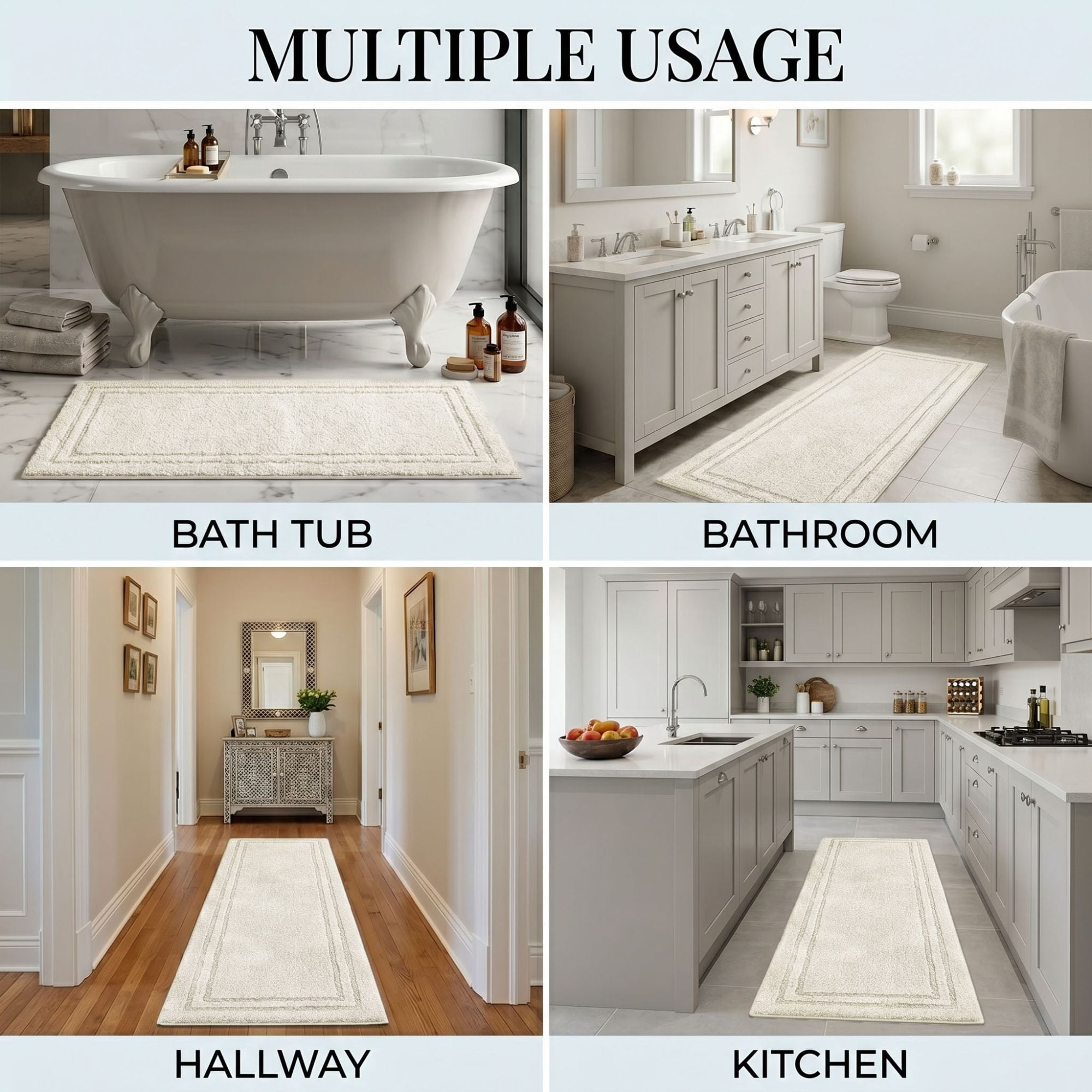 Superior Solid Bordered Cotton Washable Non-Slip Bath Rug, Runner Size, Cream