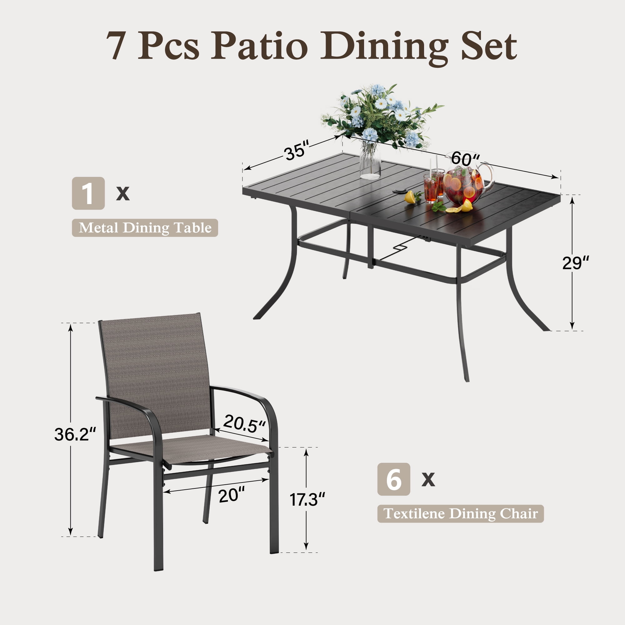 SUMMIT LIVING 7-Piece Outdoor Patio Dining Set with 6 Textilene Chairs & 60" Rectangle Metal Steel Table with Umbrella Hole, Black & Tan