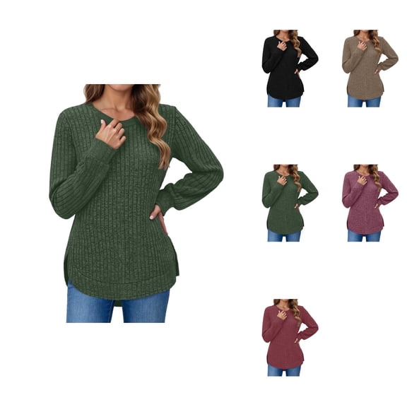 Loose Fit Pullover Sweater with Curved Hem – Long Sleeve Casual Round Neck Tunic Top for Women, 2025 Fall Everyday Wear