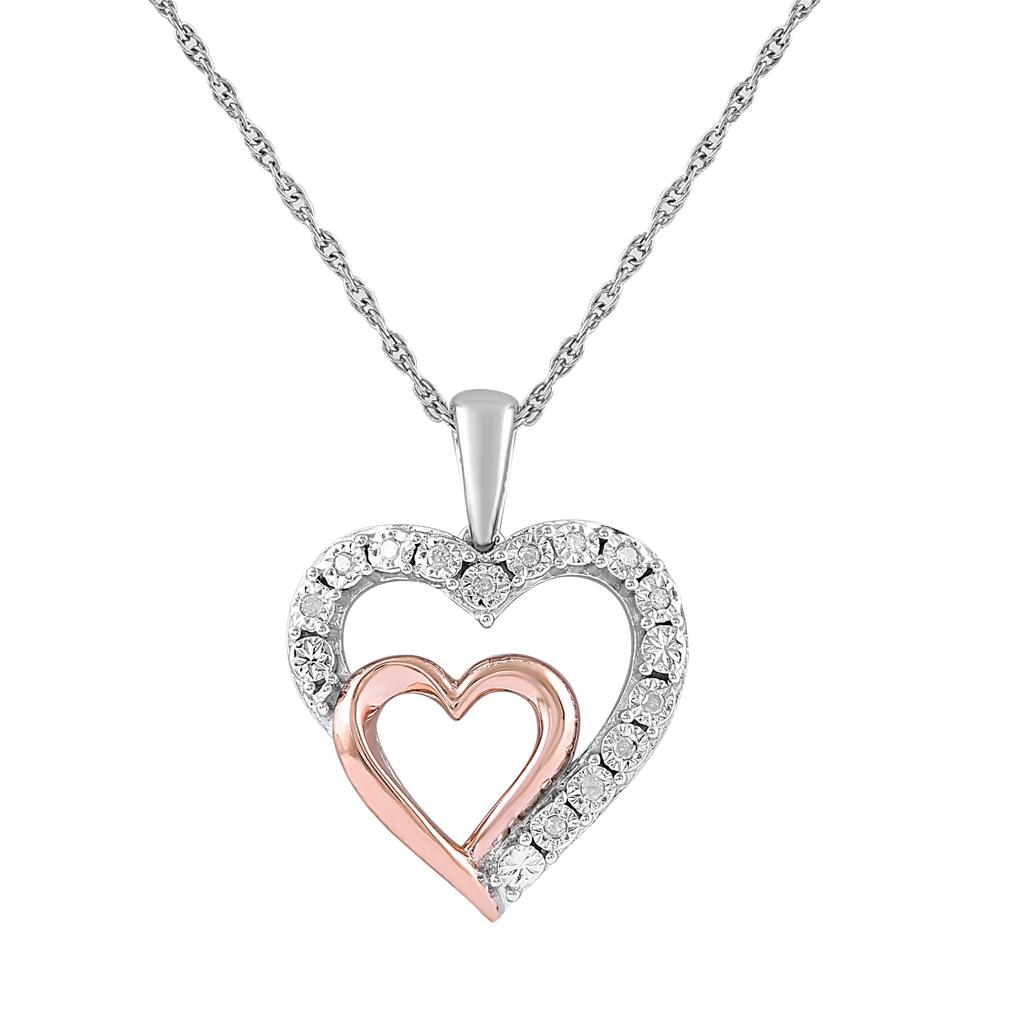 Sterling Silver and 14k Rose Gold Diamond Accent Double Heart Pendant  Necklace