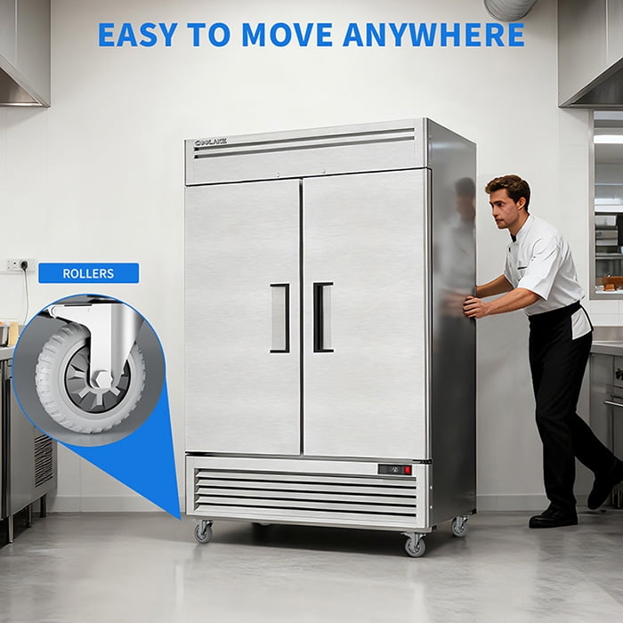 Coolake 54" W Commercial Freezer, 49 Cu Ft Soild Door Upright Freezer with 8 Adjustable Shelves, Frost-free Stainless Steel Industrial Reach-in Freezer for School Restaurant Church Prep Kitchen