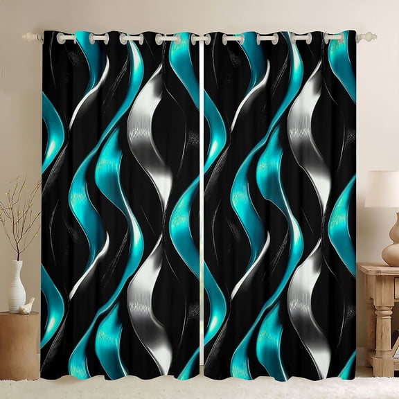 Manfei Gradient Stripes Kitchen Curtains, Shiny Abstract Lines Black Out Curtains Pack of 2 (42x63 Each), Teal, Black and Silver