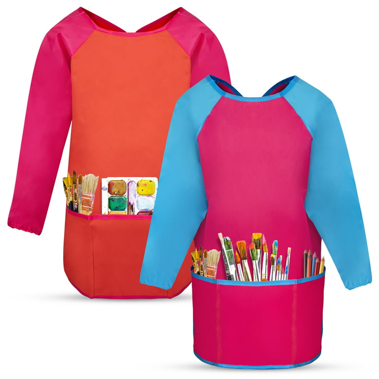Playkidiz Art Kids Smock Paint Shirt, Set of 2 Preschool Artist Aprons,  Kids Paint Smock Shirt for Kids, Painting Coat (3151 Orange/ Pink)