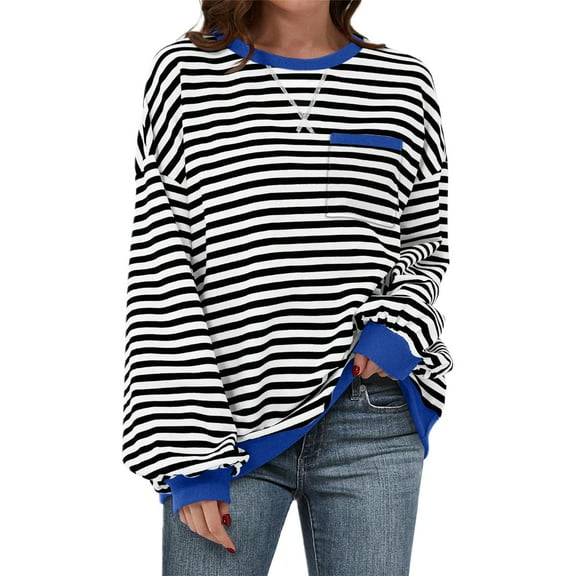 Elippeo Women's Spring Autumn Loose Sweatshirt Long Sleeve Round Neck Striped Pullover
