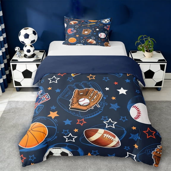 Erosebridal Rugby Sport Helmet Twin Bedding,Basketball Sport Games Kawaii Stars Print Duvet Cover Set For Kids Boys,Reversible Navy 2-Piece,No Comforter