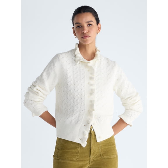Free Assembly Women's Ruffle Neck Pointelle Cardigan Sweater, Midweight, Sizes XS-XXL