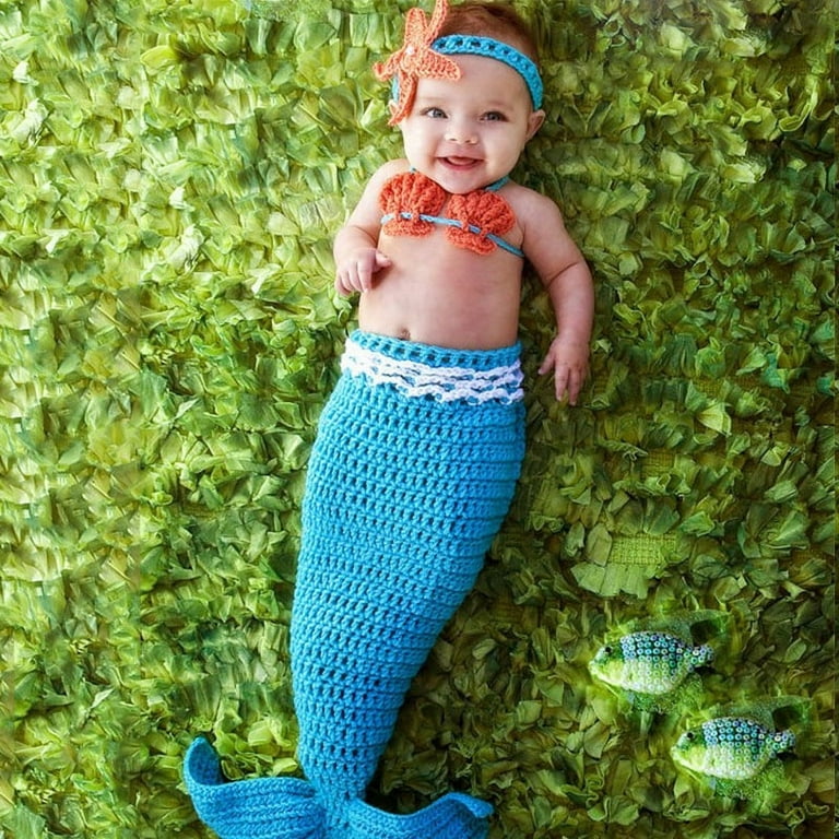 3Pcs Newborn Baby Girl Mermaid Knit Costume Baby Shower Photography Crochet  Headbands Bra Tail Outfit 0-6 Months 