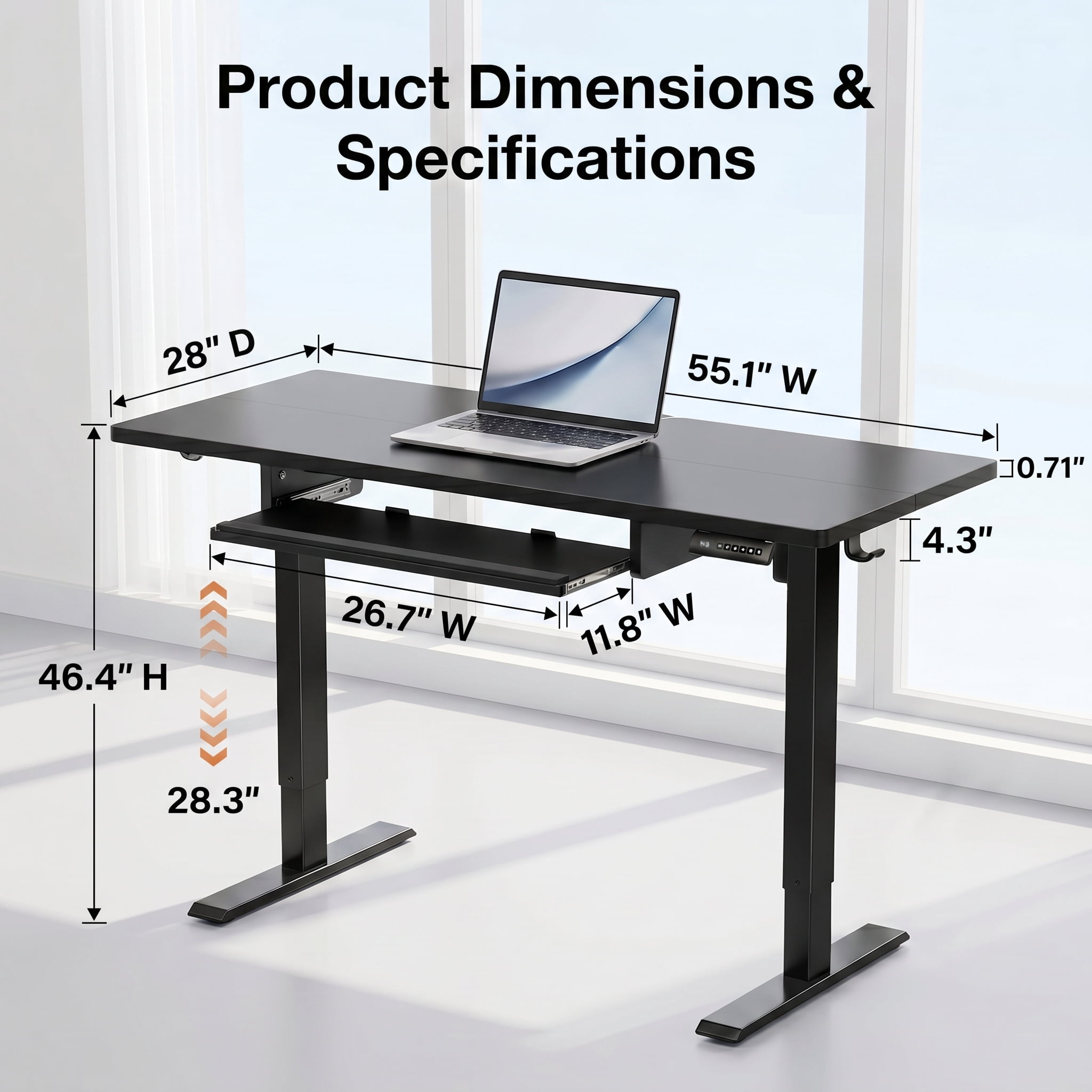 55" x 24" Electric Standing Desk with Keyboard Tray, Height Adjustable Sit Stand up Desk with Headphone Hook & 4 Height Memory Pre-Set for Home Office, Black