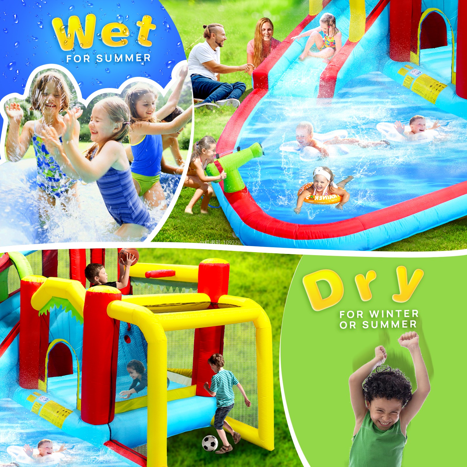 Inflatable Slide Water Park Complete Setup for Kids 3 - 10, Bouncer Play House Outdoor Soccer with Splash Pool & Water Spray & Climbing Wall & Basketball & Football - 177 L * 137 W * 94.4 H (inch)
