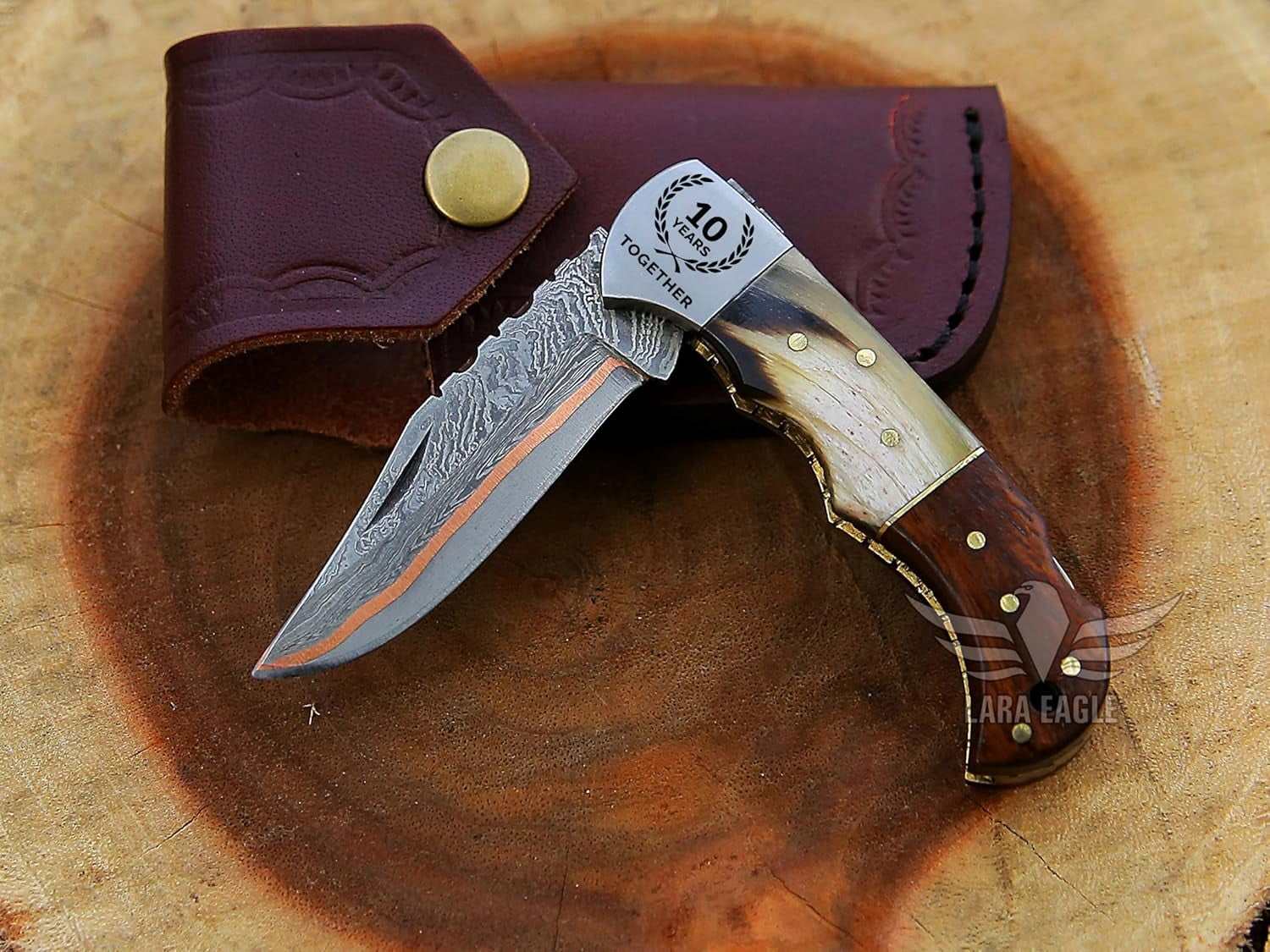 Copper Damascus Pocket Knife – Ram Horn & Rose Wood Handle, Folding Tactical Hunting Knife with Sheath & Sharpener – Great for Camping, Hiking, and Survival