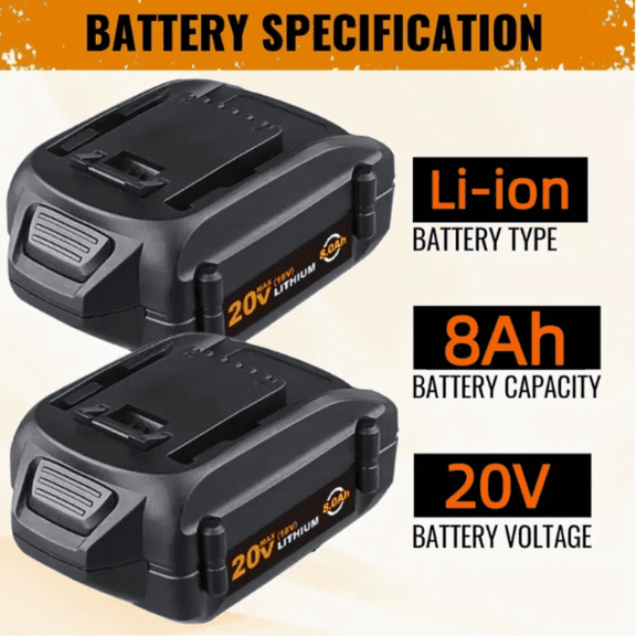 2Packs 8.0Ah 20V WA3520 Lithium Ion Battery Replacement for Worx 20V Battery WA3520 WA3525 WG151s WG155s WG251s Cordless Power Tool Battery