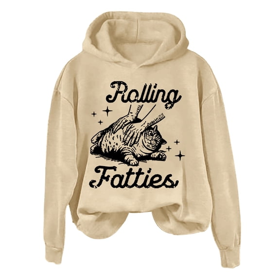 AJHSAKLt Graphic Hoodies Rolling Fatties Cat Hoodie Sweatshirt Pullover Hoodies For Women Beige