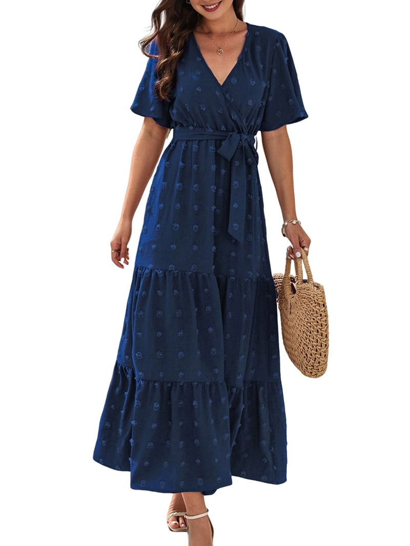 Boho Dot Summer Maxi Dresses for Women Wrap V Neck Short Sleeve Long Flowy Church Wedding Guest Dress Blue XXL