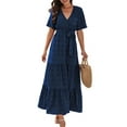 thumbnail image 2 of Boho Dot Summer Maxi Dresses for Women Wrap V Neck Short Sleeve Long Flowy Church Wedding Guest Dress Blue XXL, 2 of 9