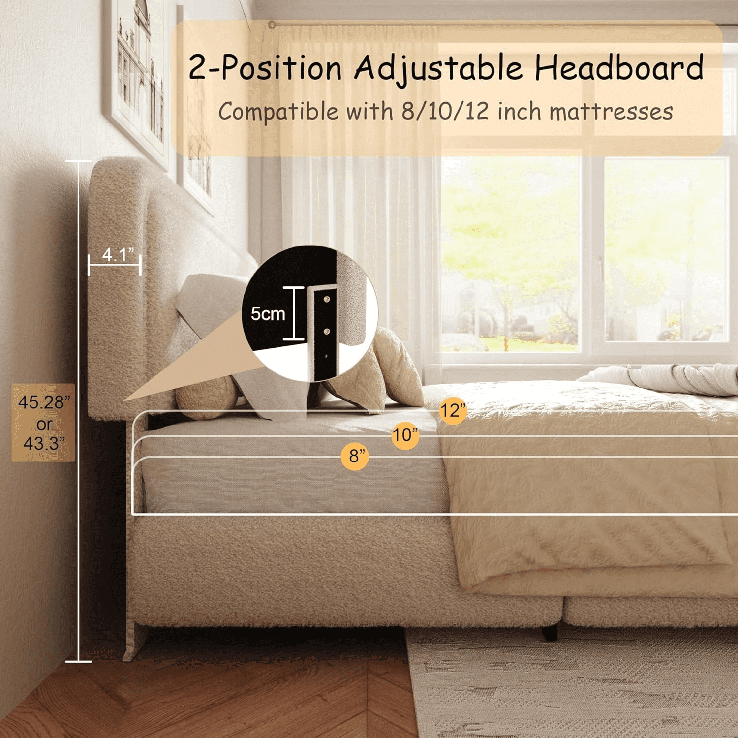 VIPLOV Full Size Boucle Bed Frame, Cloud Upholstered Platform Bed with Height Adjustable Headboard & Soft Rounded Corners, No Noise Free, Easy Assembly,Beige
