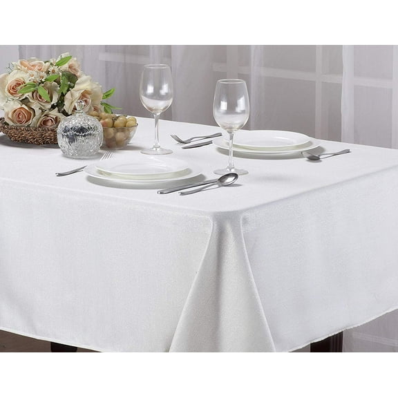 Kashi Home Glitter Fabric Tablecloth with Decorative Glitter Design for Gathering, Buffet Table, Parties, Holiday Dinner, Wedding & More, 60"X102", White