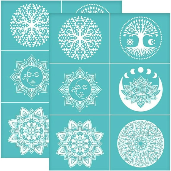 2pcs 8.6x11 Inch Self-Adhesive Mandala Stencil Lotus Tree Silk Screen Stencils Reusable Silkscreen Printing Stencils Moon Sun Mesh Transfer