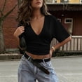 thumbnail image 7 of ZZkhGO Women's Crop Tops Ruched V Neck Short Sleeve Solid Casual Fashion Summer Slim Tops, Black XXL, 7 of 7