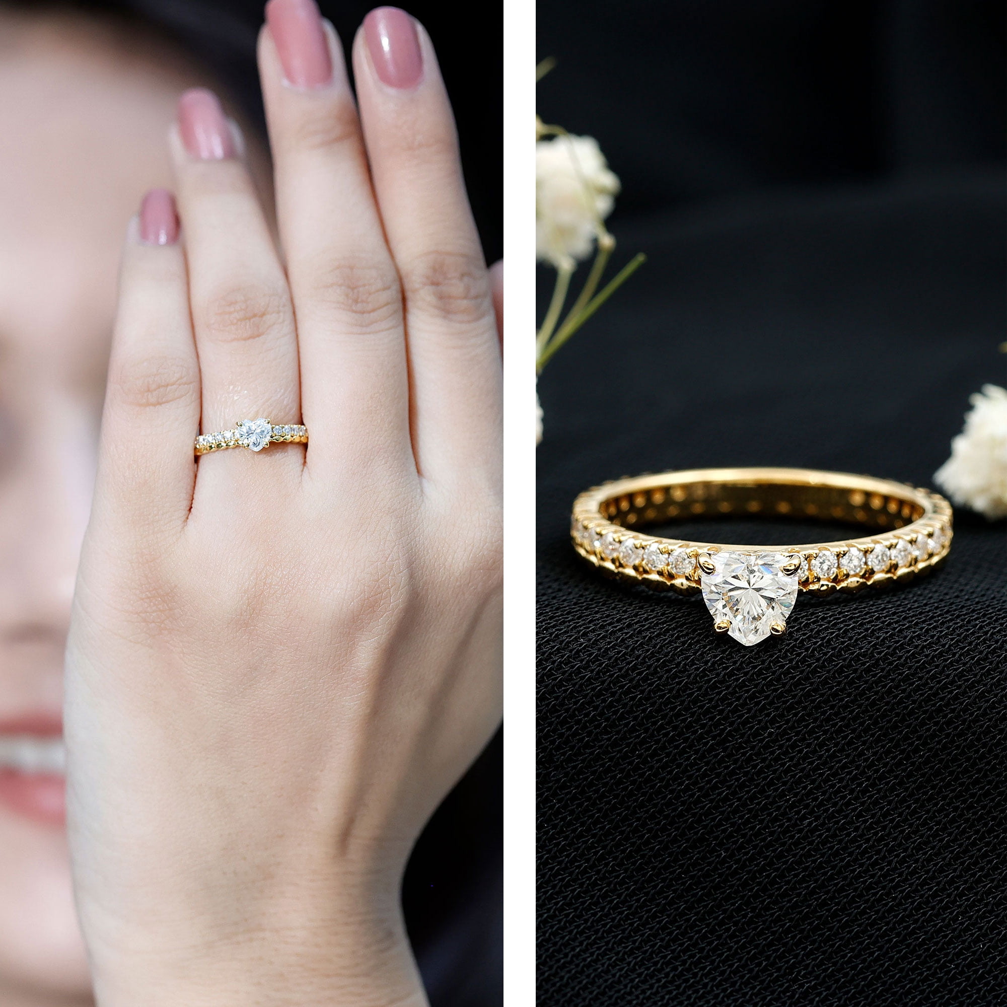 Rosec Jewels Certified Moissanite Heart Engagement Ring for Women - Designer Ring - 5 mm - D-VS1 Quality, 10K Yellow Gold, US 3.00