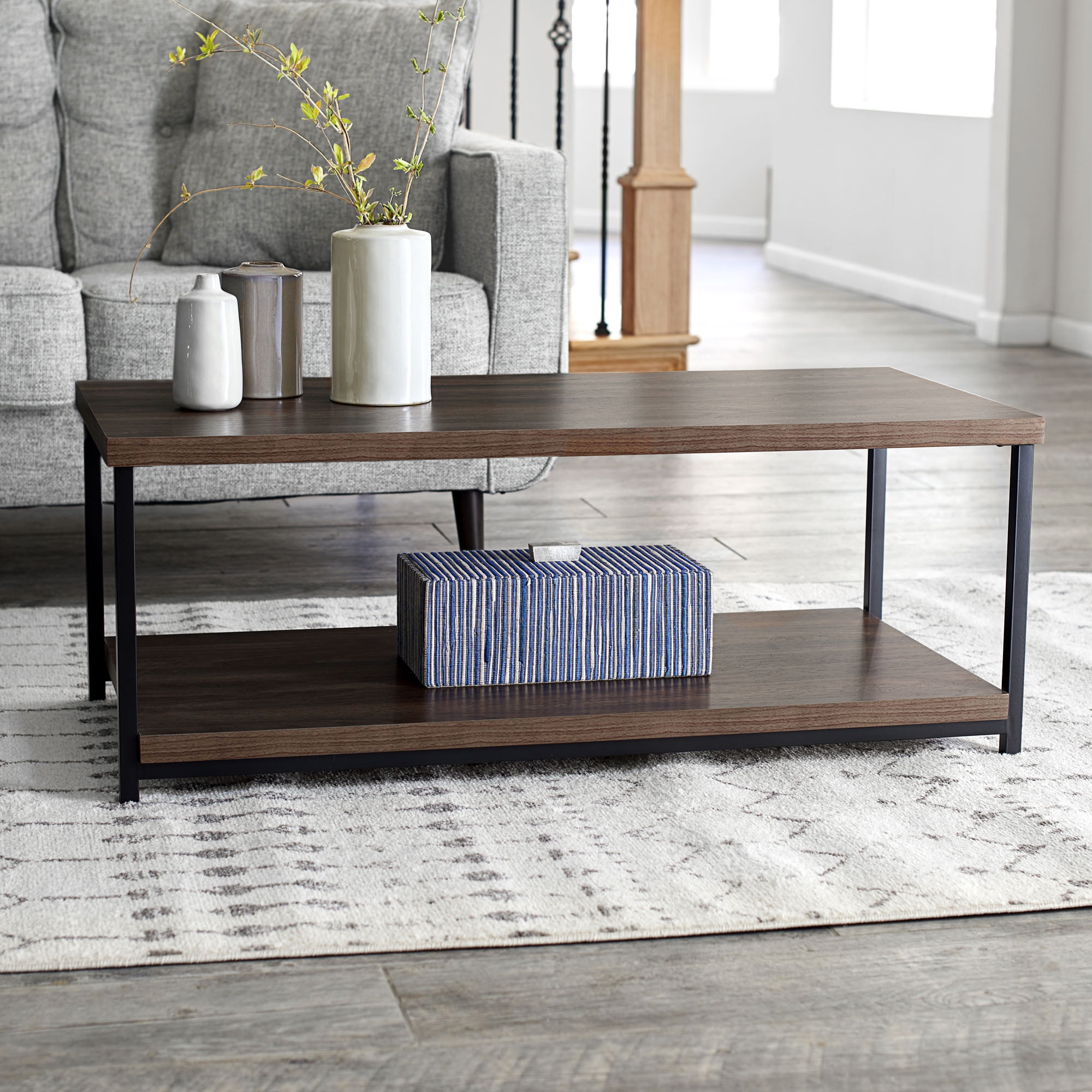 Household Essentials 39.4 Inches Wide Rectangular Low-Profile Coffee Table, Mid-Century Walnut
