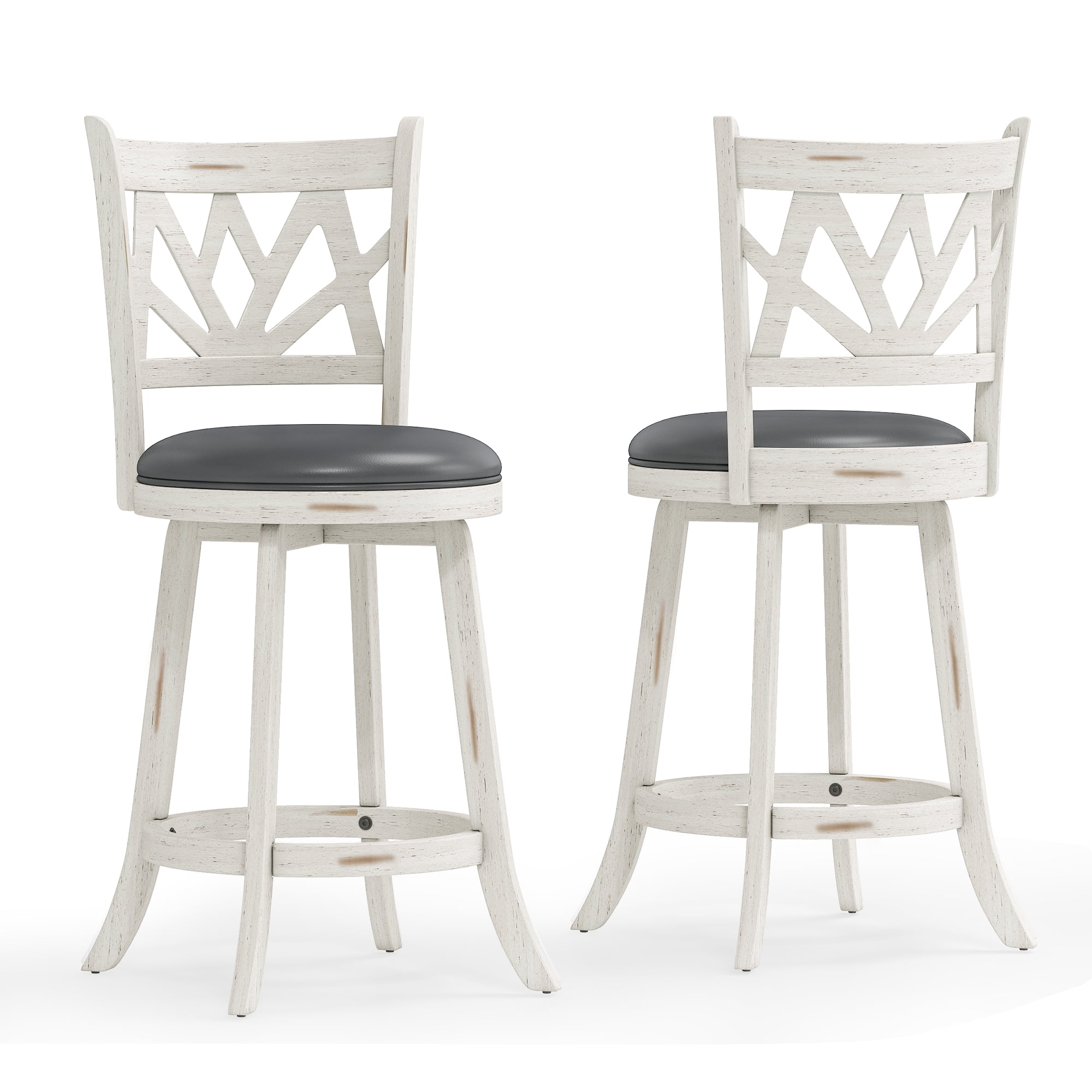 Joywind Farmhouse Swivel Bar Stools Set of 2, 24" Carved Lotus Barstools, Faux Leather Upholstered Counter Chairs with Solid Footrest & Wood Legs, Antique White