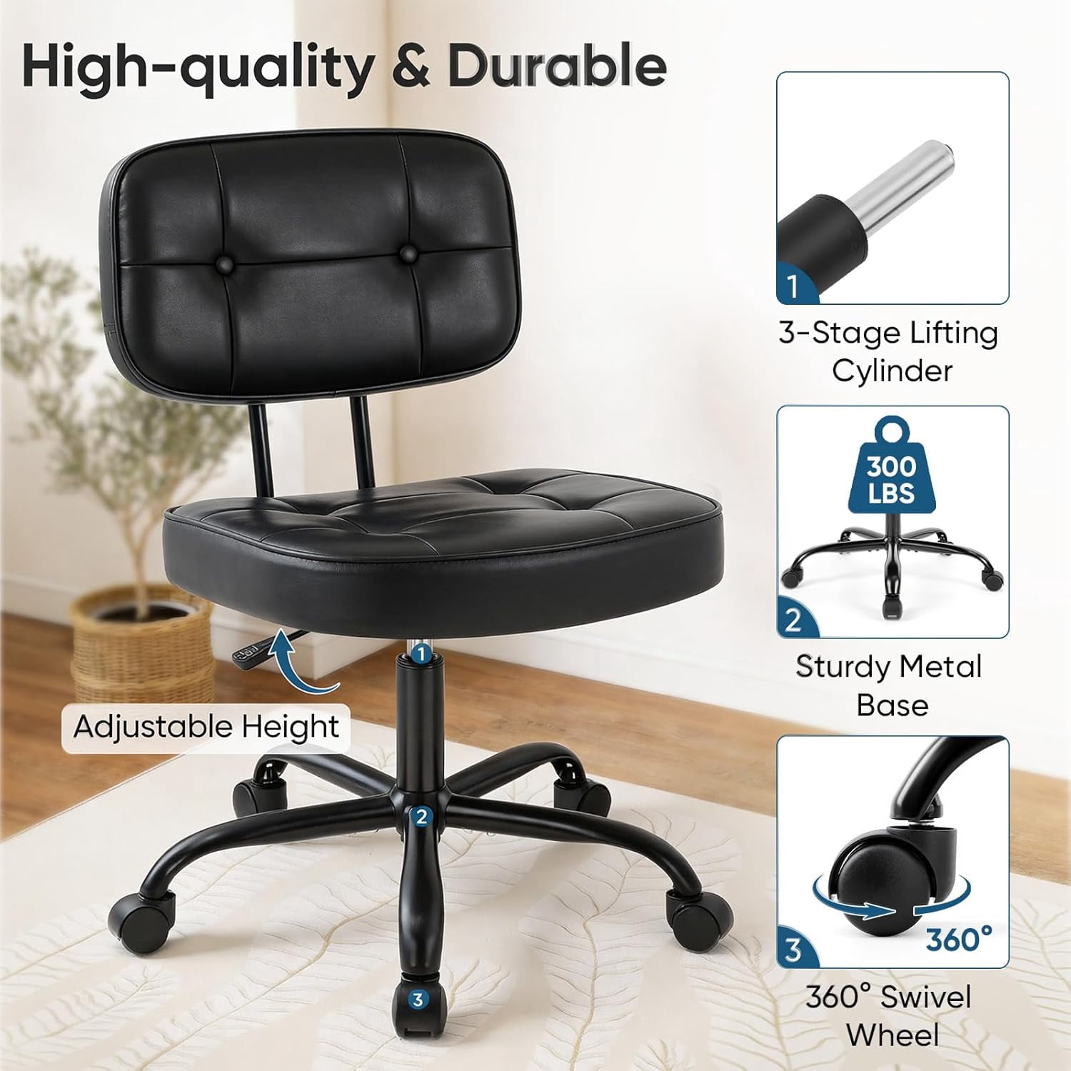 Armless Vanity Chair for Makeup Room, Small Desk Chair with Tufted PU Leather, Adjustable Height Rolling Computer Chair for Home Office & Dorm, Black