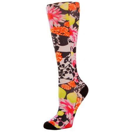 Celeste Stein Graduated Compression Knit Socks, Queen Wide Calf, 8-15mmHg, Pink Garden with Black Heel and Toe