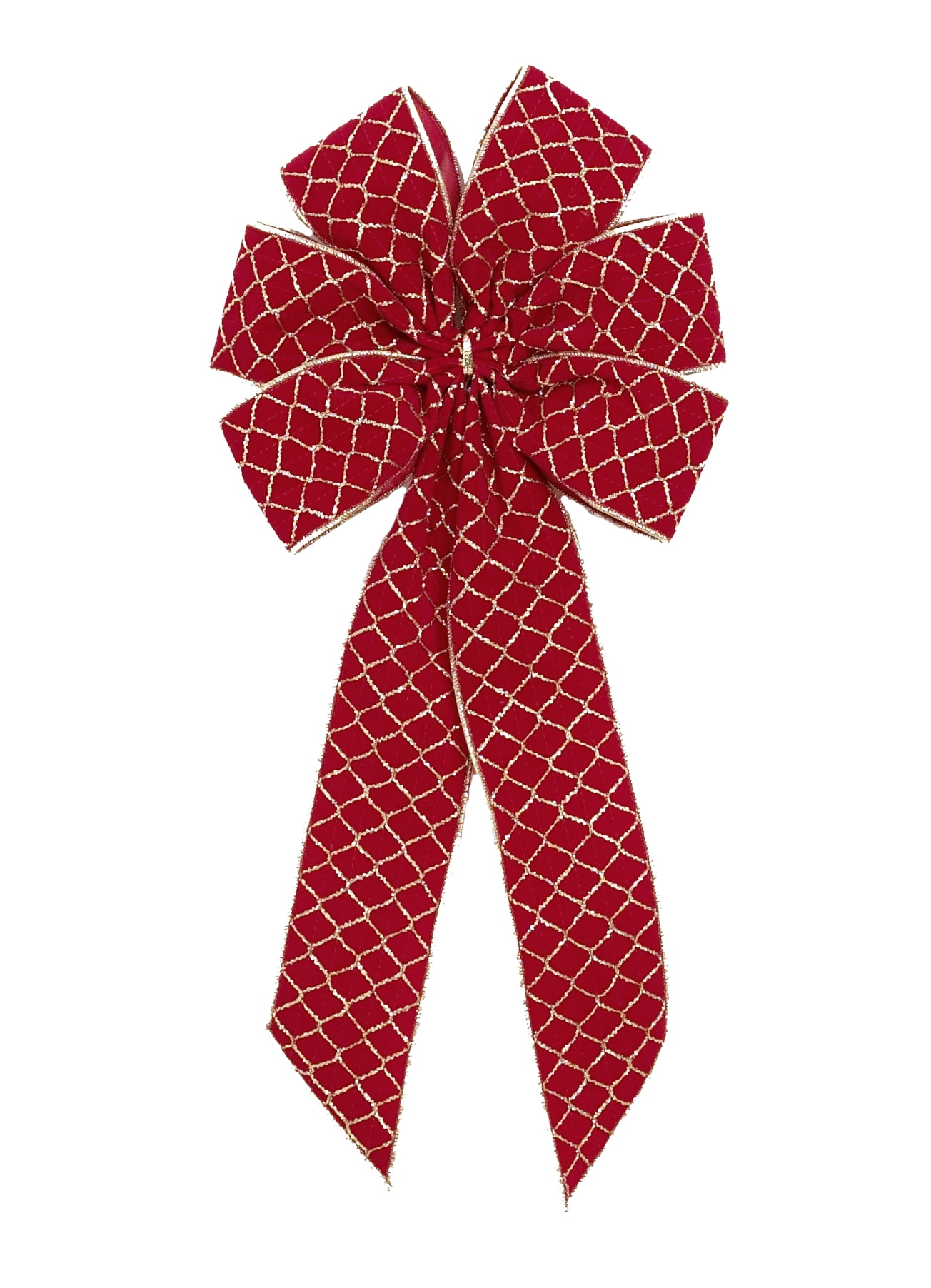 Red Velvet Outdoor Christmas Bows by Old Glory Bunting. 3-Pack! 6 Loop Fancy Gold Smocking Design with Gold Metallic Wired Purl Edge Xmas Holiday Bows. 9" Bow with 11" Tail. Free Shipping Available!