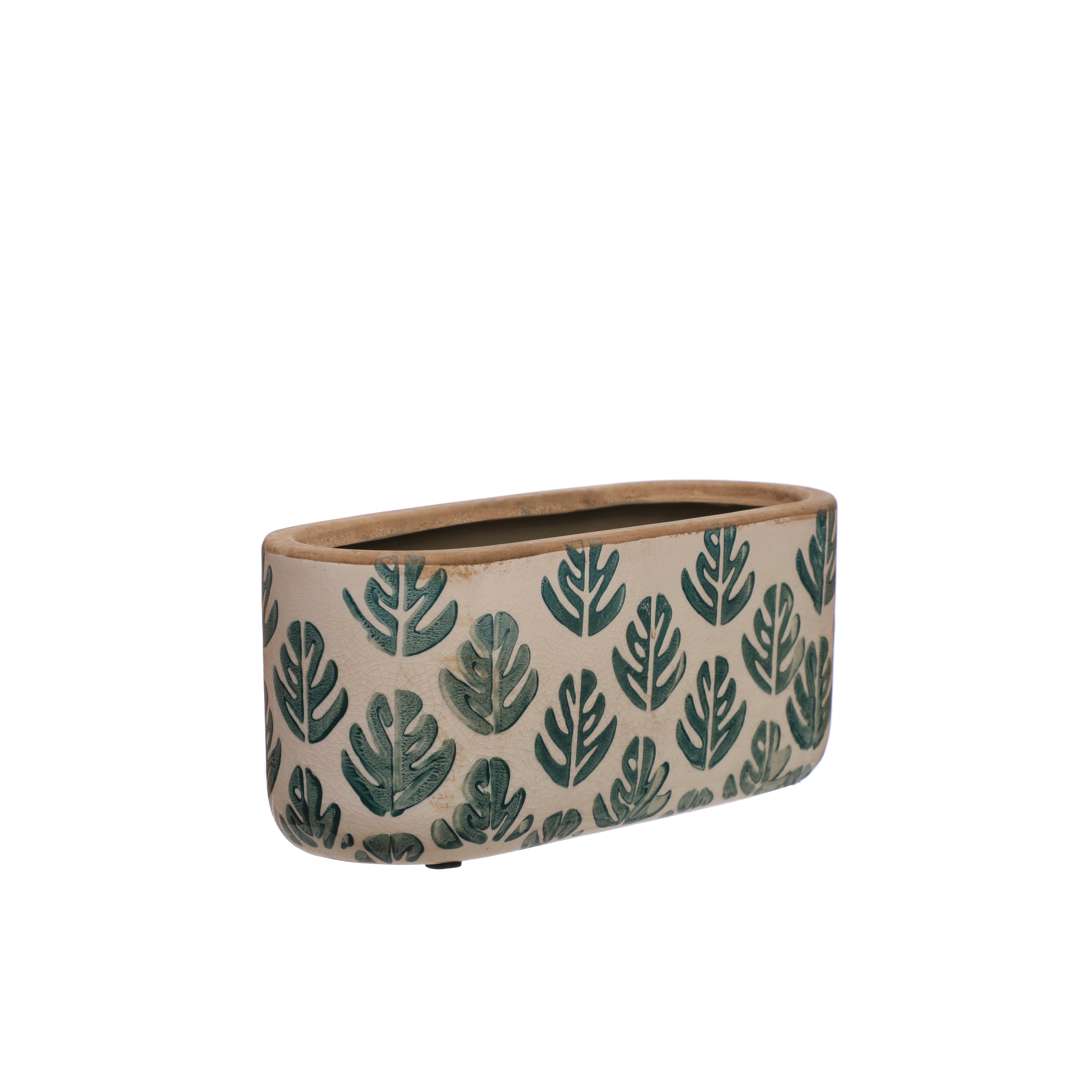 10" Blue & Cream Palm Leaf Oval Ceramic Planter by Ashland  - Spring Home Decor