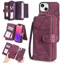 Feishell for iPhone 14 Plus Multi-Function Wallet Case, with Wrist Strap, Premium PU Leather 2 in 1 Magnetic Detachable Purse 14 Card Holder Slots Zipper Pocket Phone Case for Women Men,Winered