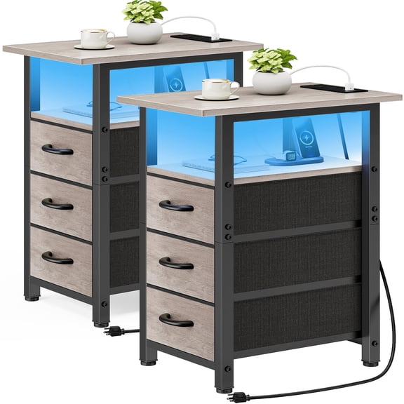 Set of 2 Nightstand with Charging Station and LED Lights, Narrow End Table, LED Night Stand with 3 Fabric Drawers for Bedroom, Small Bedside Table, Narrow Side Table for Small Spaces, Greige