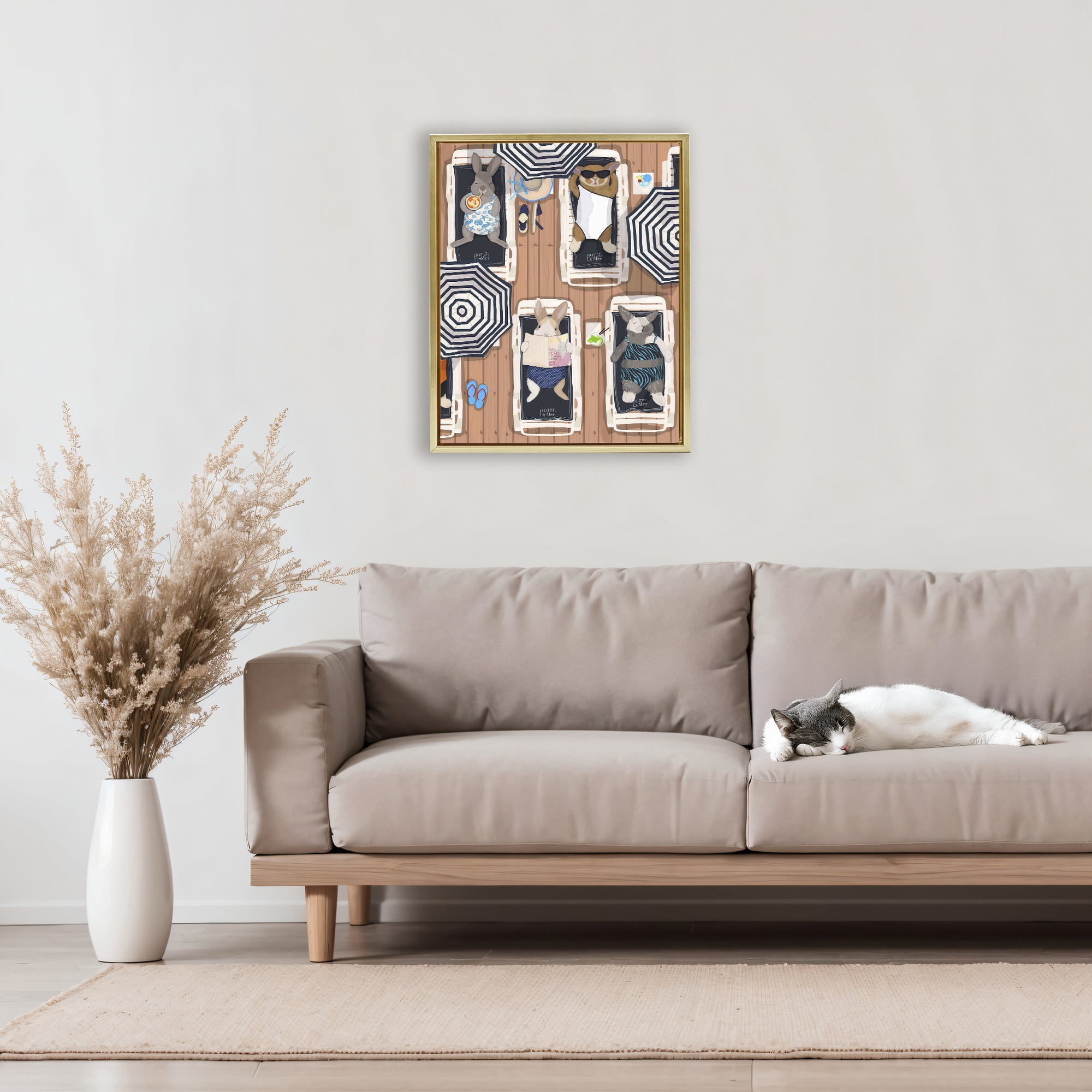 Stupell Industries Rabbits at Hotel La Mer Gold Framed Floater Canvas Wall Art, design by Hanna Melin