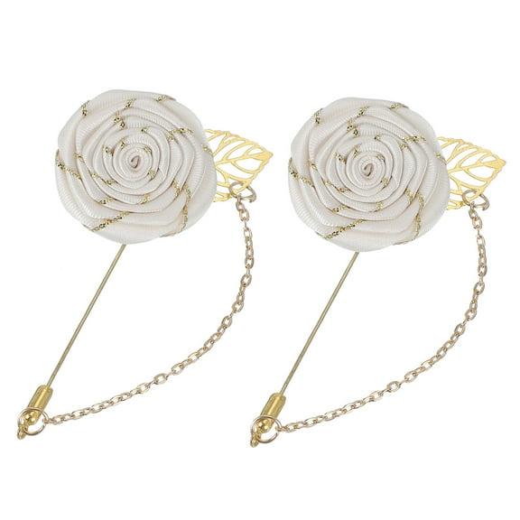 2 Pcs Rose Lapel Pin for Men Suits, Men Cloth Rose Flower Brooch Pin Handmade Boutonnieres Pins with Gold Leaf/Chain Brooch for Men Suit Accessories, Beige