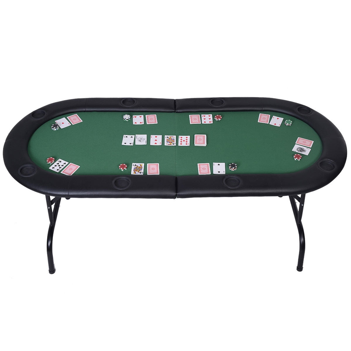8 Player Folding Games Poker Table w// Chip Cup Holder Steel Base Casino Green