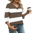thumbnail image 4 of 3/4 Sleeve Shirts for Women Striped Prints Casual V Neck Tee T-shirts Fall Spring Going Out Tops Loose Fit (L, Brown), 4 of 8