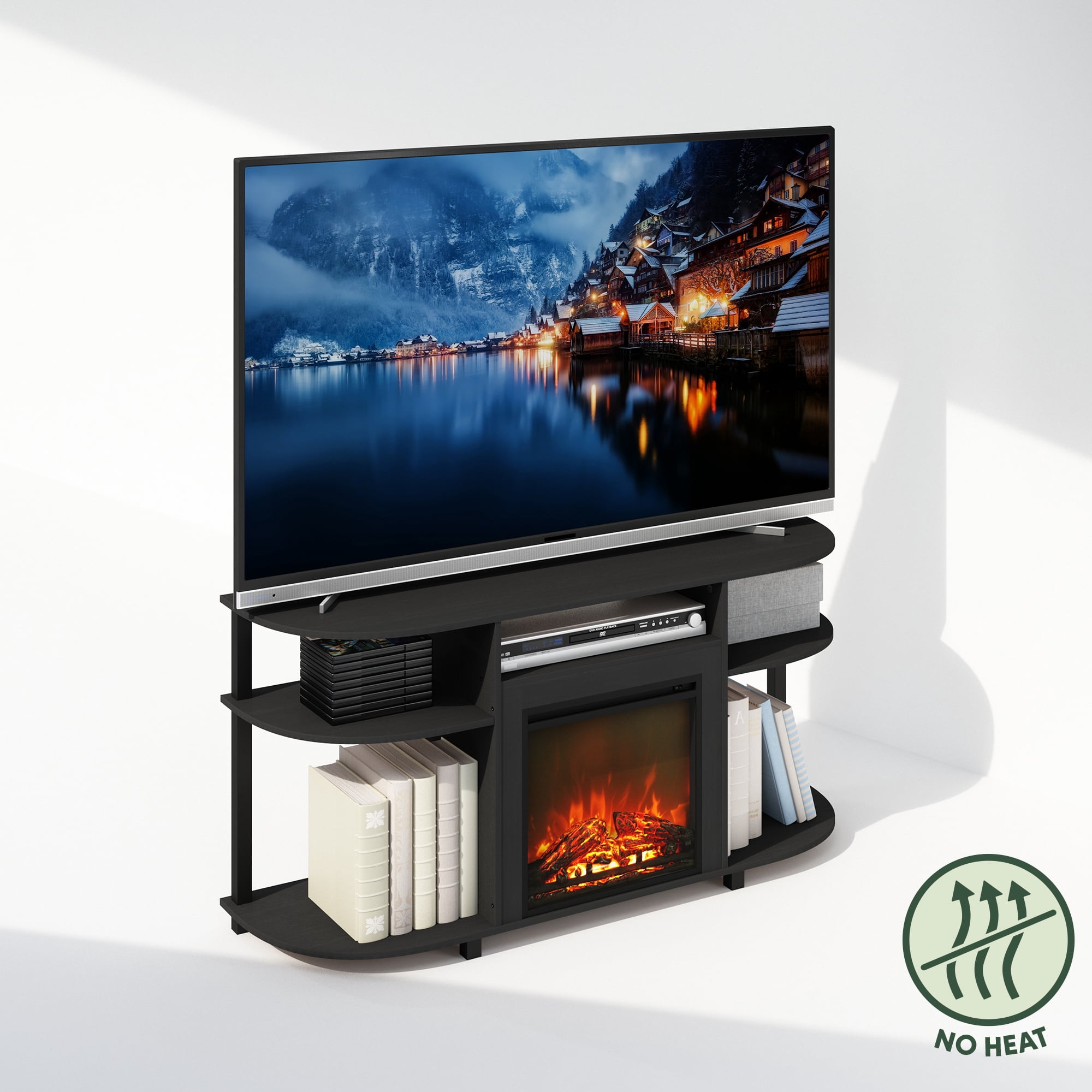 Furinno Jensen No Heat Decorative Electric Fireplace TV Stand, Entertainment Center for TV up to 55 Inch with Curved Open Storage, Americano