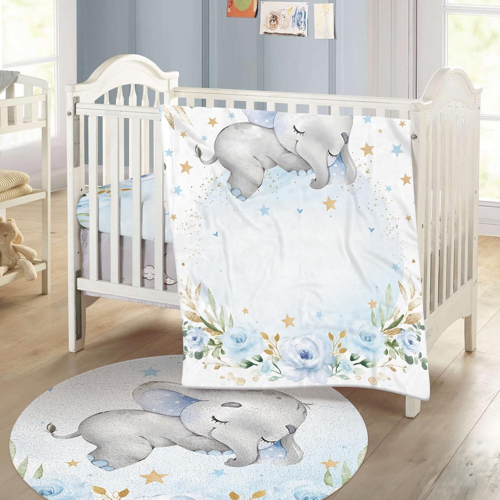 Gresahom Baby Crib Bedding Set - Blue Elephant Nursery Bed 3 Pcs Set - Chic Soft Blanket with Double Layer Dotted Backing, Fitted Sheet, Room Rug for Newborns Boys Girls Shower Gift(60"x80")