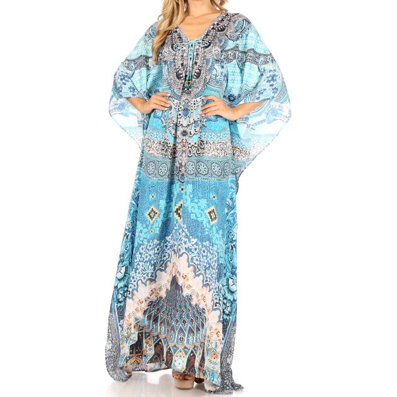 Sakkas Milanna Women's V neck Short Sleeve Vibrant Print Caftan Dress Cover-up - Print-3 - One Size