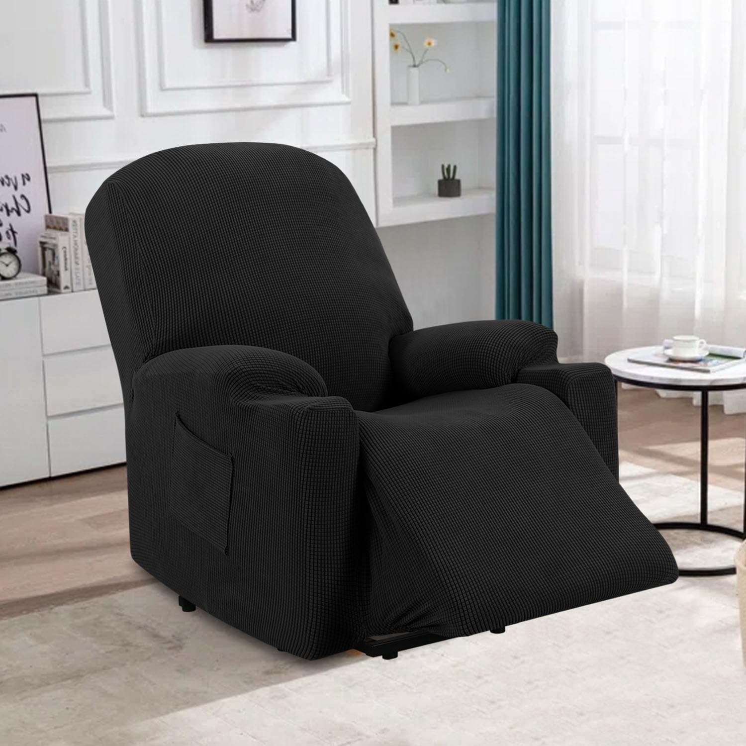 H.VERSAILTEX Stretch Electric Power Lift Recliner Chair Cover with Side Pocket, Soft Thick Jacquard(Single Seat, Black)