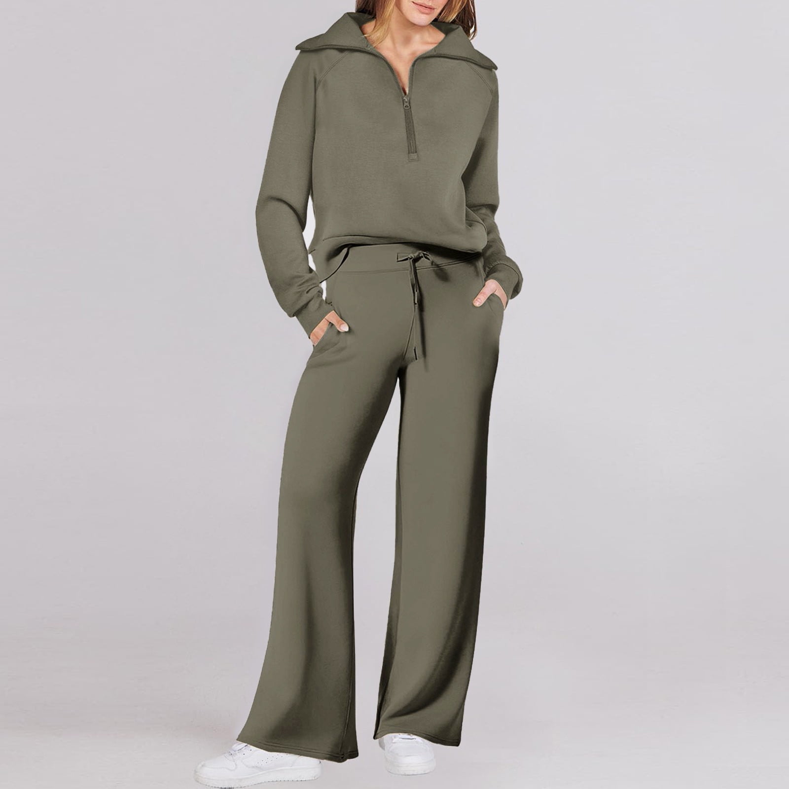 CILENON Conjunto De 2 Piezas Para Mujer Women Two Piece Outfits Sweatsuit Set Quarter Zip Sweatshirt Wide Leg Sweatpant Fall Set Tracksuit Womens Clothing Set Womens Jogger Set (Army Green,M)