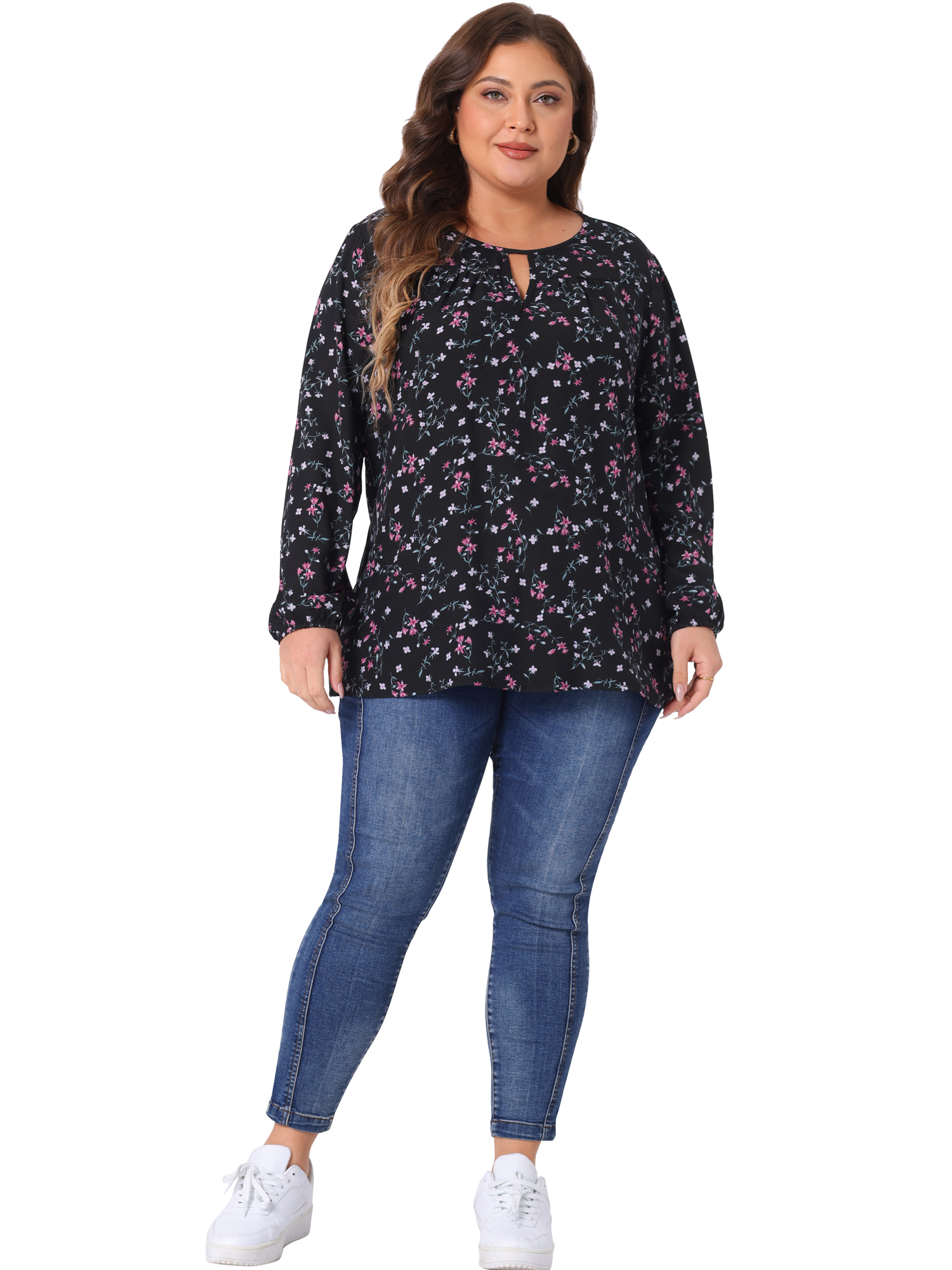 DARING DIVA Women's Plus Chiffon Keyhole Long Sleeve Retro Ditsy Floral Top 1X Black Pink