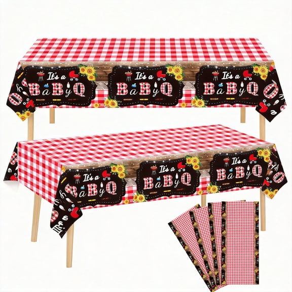 BBQ Baby Shower Plastic Tablecloths 4 Pack Rectangular Sunflower Disposable Barbecue Table Covers for Party Decorations 54 x 108 Inch