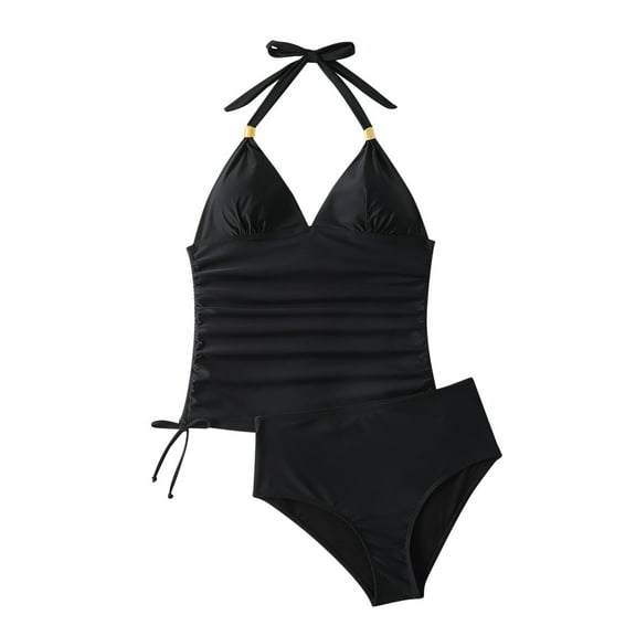 Awdenio Tankini Swimsuits for Women Tummy Control Bathing Suit Solid Color Drawstring Side Halter Neck Tankini Set