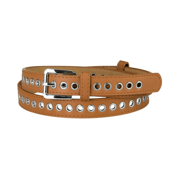 Cinturón de cuero PU con ojal para mujer, hebilla de pasador de metal, cinturones de cintura ajustados de talla grande marrón Ajuste la cintura hasta 104cm/41