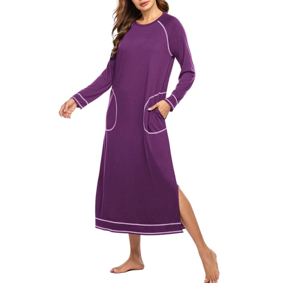 Ekouaer Women Nightgowns Long Casual Nightdress Long Sleeve Sleepwear with Pocket