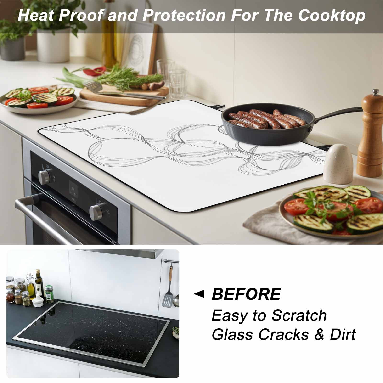 Modern White Stove Top Cover for Electric Stove, Heat-proof & Non Slip Glass Top Stove Cover Protector, Minimalist Abstract Ribbon A Sketch Rt Kitchen Flat Cooktop Rubber Mat 24x21 Inches